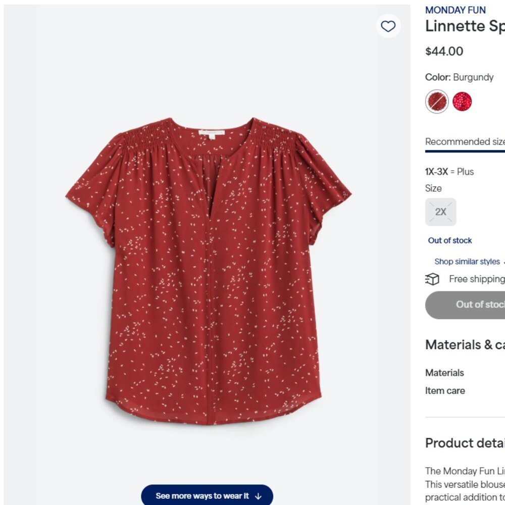 NWT Monday Fun blouse, burgundy, size 2X